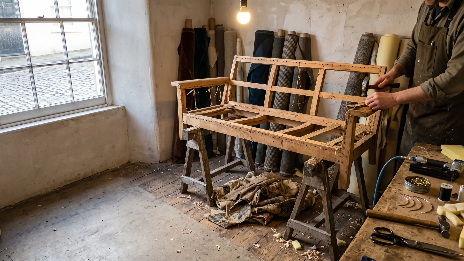 Taller de tapicería en Montevideo con un sillón desarmado sobre caballetes y rollos de tela al fondo